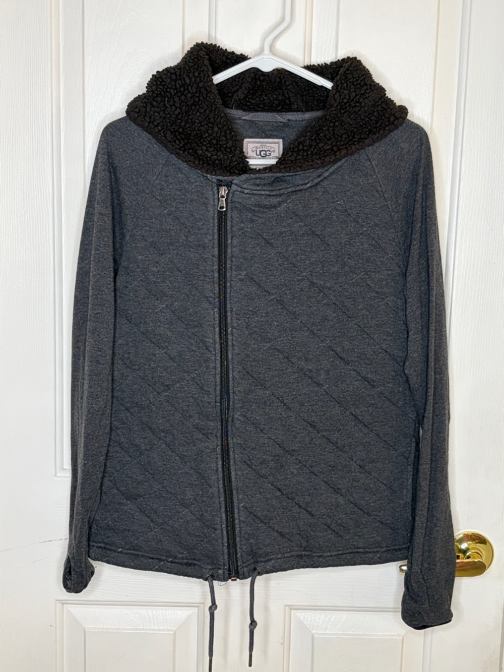 UGG Australia Quilted Moto Hoodie Jacket Gray Asymmetrical Zip Women’s L